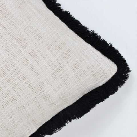 Set Of 2 Hand Tufted Texture Boho Ivory Black Fringe Cushion Cover
