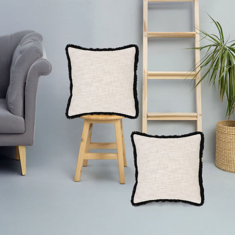 Set Of 2 Hand Tufted Texture Boho Ivory Black Fringe Cushion Cover
