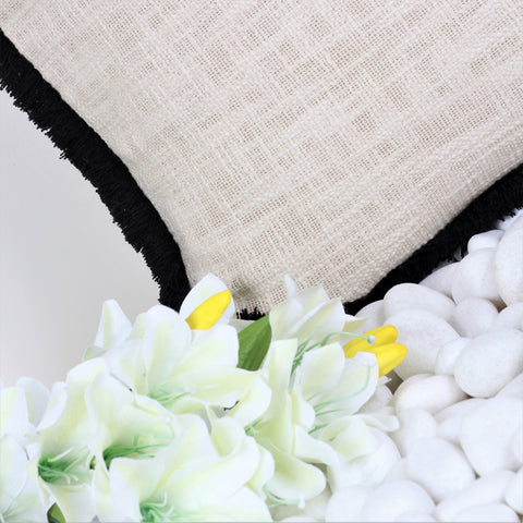 Hand Tufted Texture Boho Ivory and Black Fringe Cushion Cover