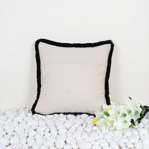 Hand Tufted Texture Boho Ivory and Black Fringe Cushion Cover