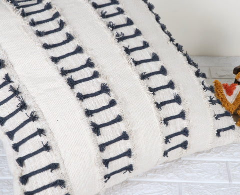 Set Of 2 Tufted Texture Boho Off-White Gray Fringe Cushion Cover
