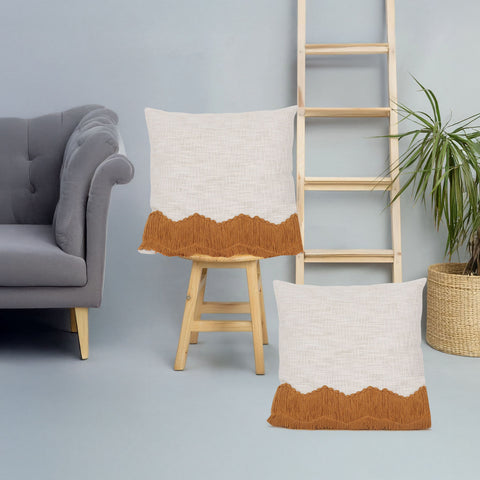 Set Of 2 Hand Tufted Texture Boho Ivory Mustard Yellow Fringe Cushion Cover