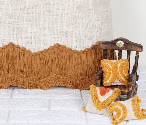 Set Of 3 Hand Tufted Texture Boho Ivory Mustard Yellow Fringe Cushion Cover