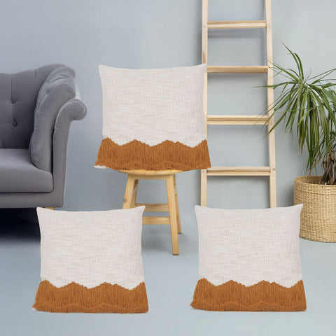 Set Of 3 Hand Tufted Texture Boho Ivory Mustard Yellow Fringe Cushion Cover