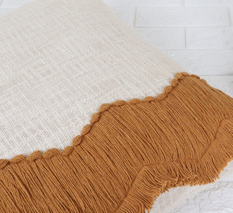 Set Of 3 Hand Tufted Texture Boho Ivory Mustard Yellow Fringe Cushion Cover