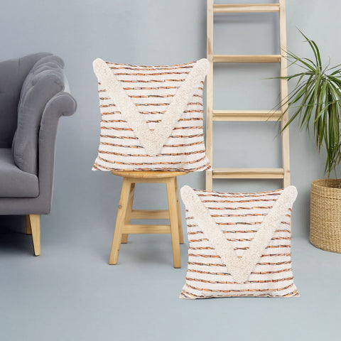 Set Of 2 Hand Tufted Texture Boho Ivory Mustard Yellow Fringe Cushion Cover