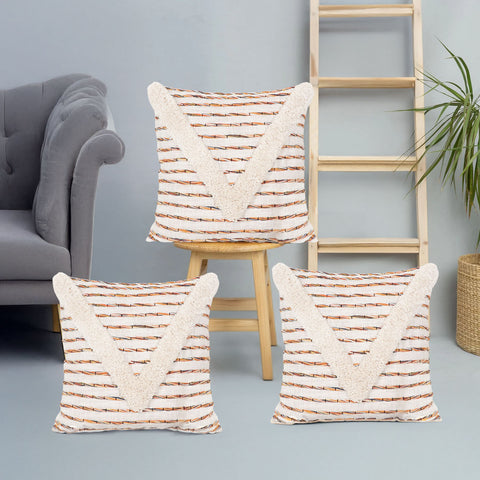 Set Of 3 Hand Tufted Texture Boho Ivory Mustard Yellow Fringe Cushion Cover