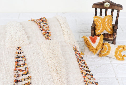 Set Of 3 Hand Tufted Texture Boho Ivory Mustard Yellow Fringe Cushion Cover