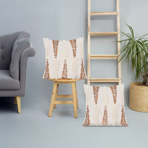 Set Of 2 Hand Tufted Texture Boho Ivory Mustard Yellow Fringe Cushion Cover