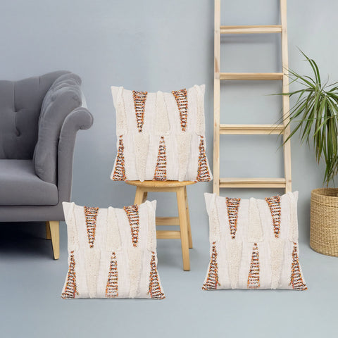 Set Of 3 Hand Tufted Texture Boho Ivory Mustard Yellow Fringe Cushion Cover