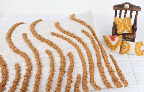 Tufted Texture Boho Ivory and Mustard Yellow Fringe Cushion Cover