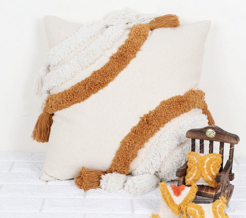 Set Of 3 Tufted Texture Boho Ivory Mustard Yellow Fringe Cushion Cover