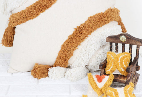 Set Of 3 Tufted Texture Boho Ivory Mustard Yellow Fringe Cushion Cover