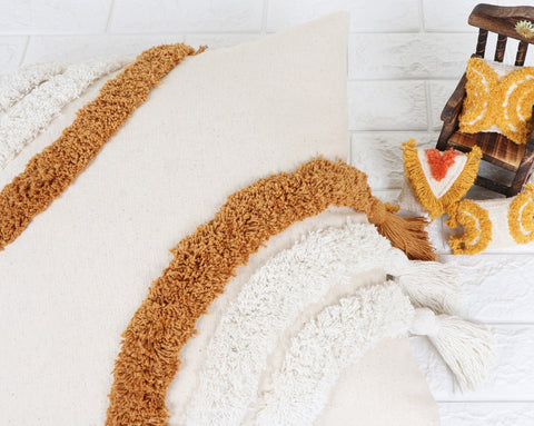 Set Of 3 Tufted Texture Boho Ivory Mustard Yellow Fringe Cushion Cover