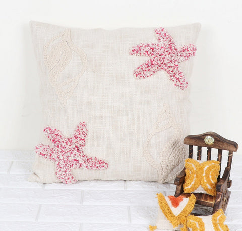 Set Of 2 Hand Tufted Texture Boho Ivory Pink Fringe Cushion Cover