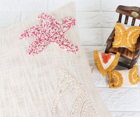 Set Of 3 Hand Tufted Texture Boho Ivory Pink Fringe Cushion Cover
