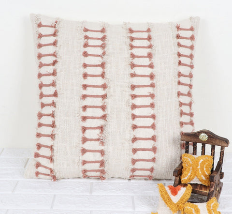Set Of 3 Tufted Texture Boho Ivory Light Mauve Fringe Cushion Cover