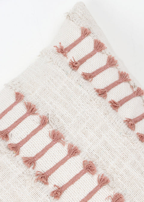 Tufted Texture Boho Ivory and Light Mauve Fringe Cushion Cover