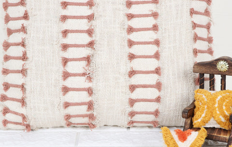 Set Of 3 Tufted Texture Boho Ivory Light Mauve Fringe Cushion Cover