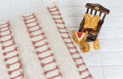 Tufted Texture Boho Ivory and Light Mauve Fringe Cushion Cover
