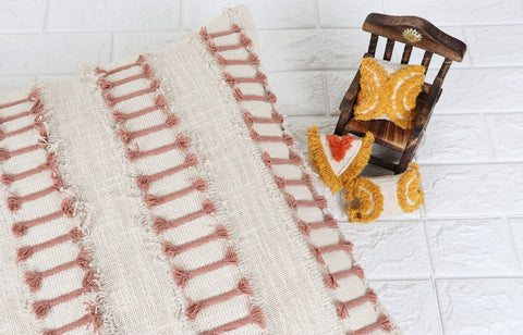 Set Of 3 Tufted Texture Boho Ivory Light Mauve Fringe Cushion Cover