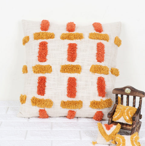Hand Tufted Texture Boho Ivory and Mustard Yellow Cushion Cover