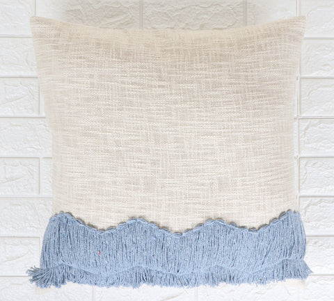 Set Of 3 Tufted Texture Boho Ivory Blue Fringe Cushion Cover