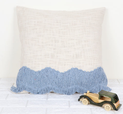 Set Of 3 Tufted Texture Boho Ivory Blue Fringe Cushion Cover