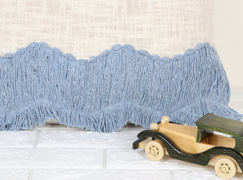 Set Of 3 Tufted Texture Boho Ivory Blue Fringe Cushion Cover