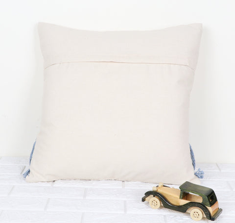 Tufted Texture Boho Ivory and Blue Fringe Cushion Cover