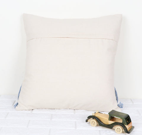Set Of 3 Tufted Texture Boho Ivory Blue Fringe Cushion Cover