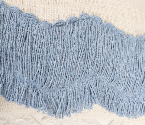 Tufted Texture Boho Ivory and Blue Fringe Cushion Cover