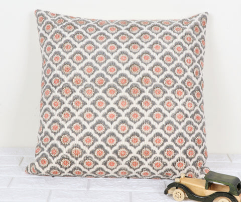 Printed Boho Tufted Orange And White Jaipuri Print Cushion Cover