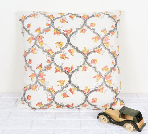 Printed Boho Tufted Gray And White Jaipuri Print Cushion Cover
