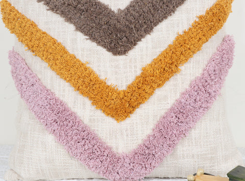 Tufted Texture Boho Ivory and Pink Fringe Cushion Cover