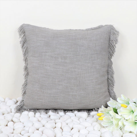 Set Of 3 Hand Tufted Texture Boho Gray Side Fringe Cushion Cover