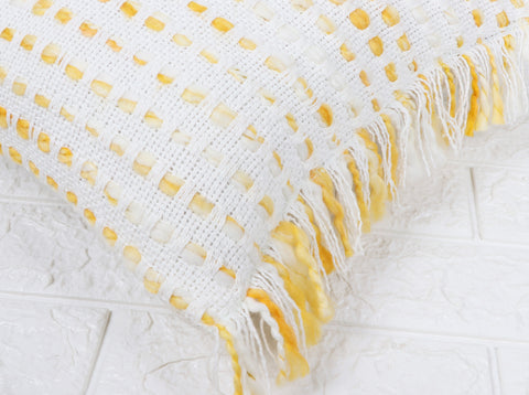 Hand Loom Woven Texture Boho White and Yellow Fringe Cushion Cover