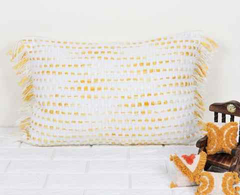 Hand Loom Woven Texture Boho White and Yellow Fringe Cushion Cover