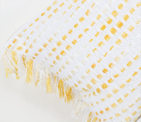 Hand Loom Woven Texture Boho White and Yellow Fringe Cushion Cover
