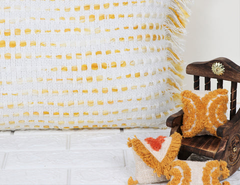 Set Of 2 Hand Loom Woven Texture Boho White Yellow Fringe Cushion Cover