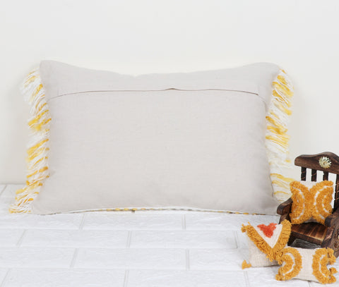 Set Of 2 Hand Loom Woven Texture Boho White Yellow Fringe Cushion Cover