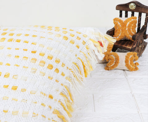 Set Of 2 Hand Loom Woven Texture Boho White Yellow Fringe Cushion Cover