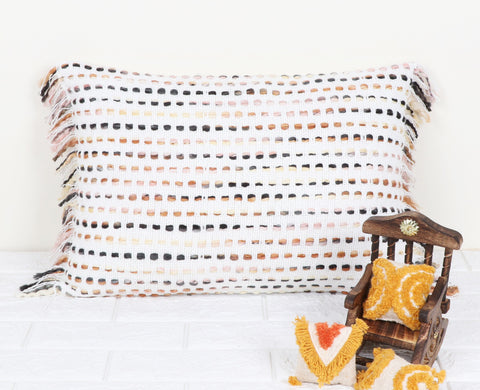 Set Of 2 Hand Loom Woven Texture Boho White Brown Fringe Cushion Cover