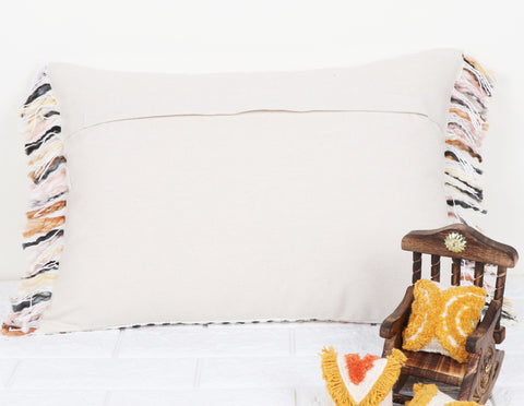 Hand Loom Woven Texture Boho White and Brown Fringe Cushion Cover