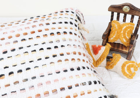Hand Loom Woven Texture Boho White and Brown Fringe Cushion Cover