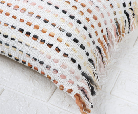Set Of 2 Hand Loom Woven Texture Boho White Brown Fringe Cushion Cover