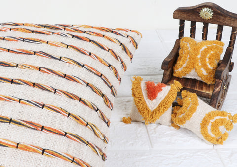 Hand Tufted Texture Boho Ivory and Mustard Yellow Fringe Cushion Cover