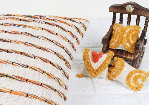 Set Of 3 Hand Tufted Texture Boho Ivory Mustard Yellow Fringe Cushion Cover