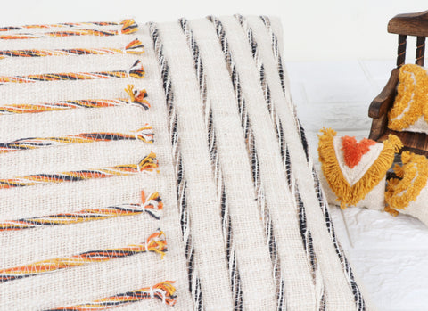 Tufted Texture Boho Ivory and Mustard Yellow Stripe Fringe Cushion Cover