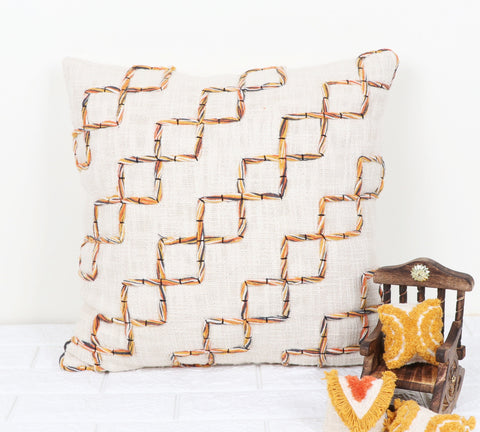 Set Of 3 Tufted Texture Boho Ivory Mustard Yellow Stripe Fringe Cushion Cover